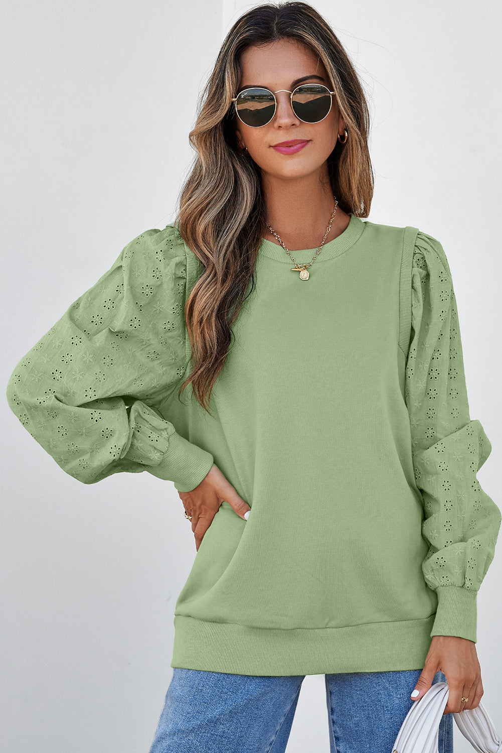 Mist Green Solid Patchwork Ärmel rundes Nacken -Sweatshirt