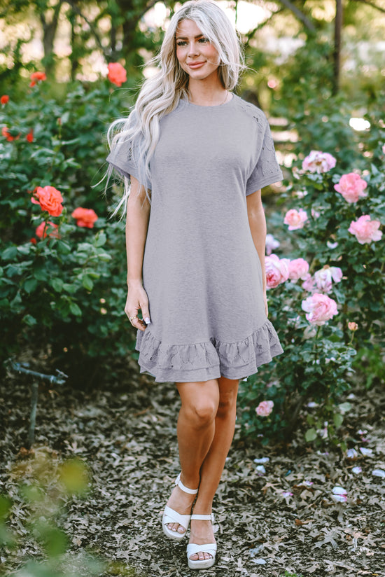 Light Grey Floral Lace Patchwork Ruffle T-Shirt Dress