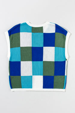 Dark blue sweater with short sleeves and color blocks