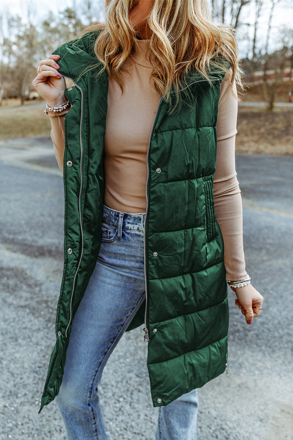 Manteau gilet matelassé long à capuche vert