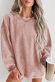 Solid Pink Ribbed Knit Crew Neck Sweatshirt