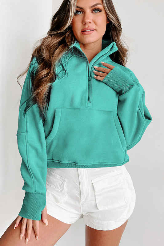 Zipped-collar-collar zipped and sleeve sweatshirt with hole, lining in green water