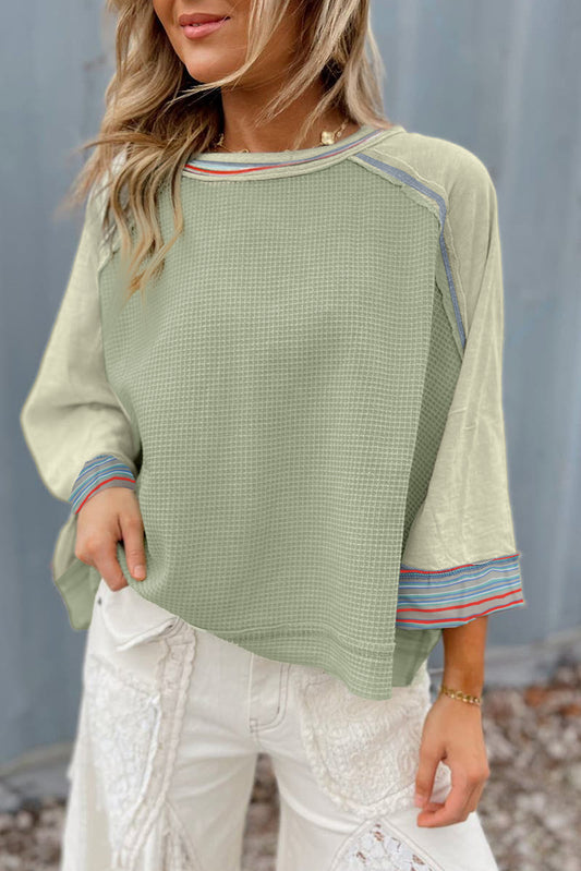 Haut raglan patchwork à manches larges en tricot gaufré vert Meadow Mist