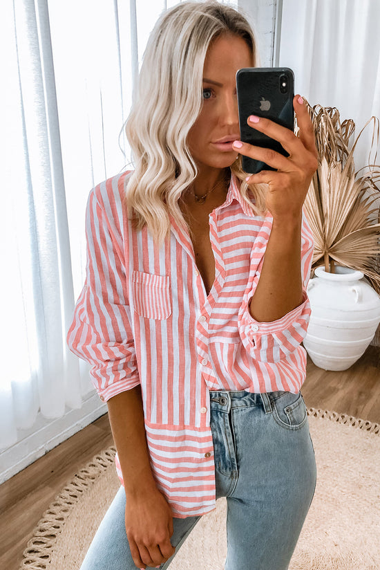 Long -sleeved and pink striped casual shirt