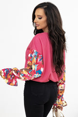 Talling shoulder top in ribbed with fluffed sleeves and patchwork of pink flowers sachet