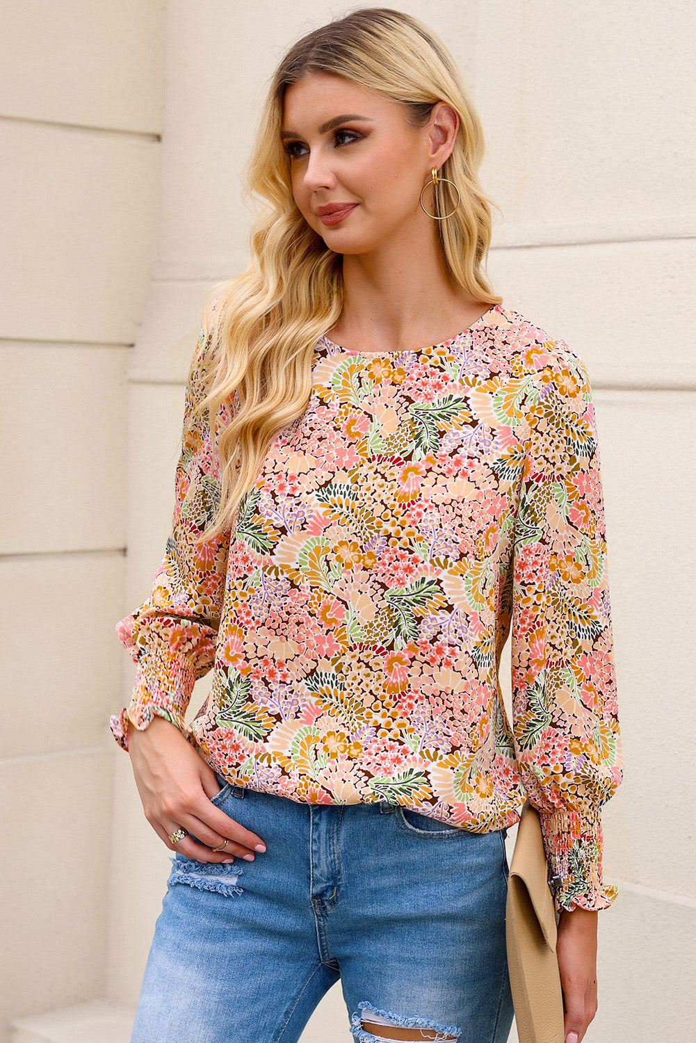 Blouse florale à manches bouffantes jaunes