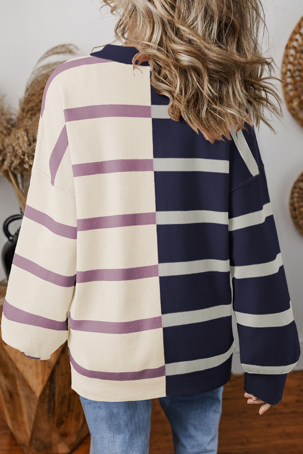 Blue striped color block oversized sweater