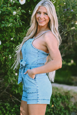 Beau Blue Spaghetti Strap Belted Denim Romper