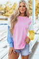 Bonbon Color Block Crew Neck Sweatshirt with Exposed Seams and Side Slits