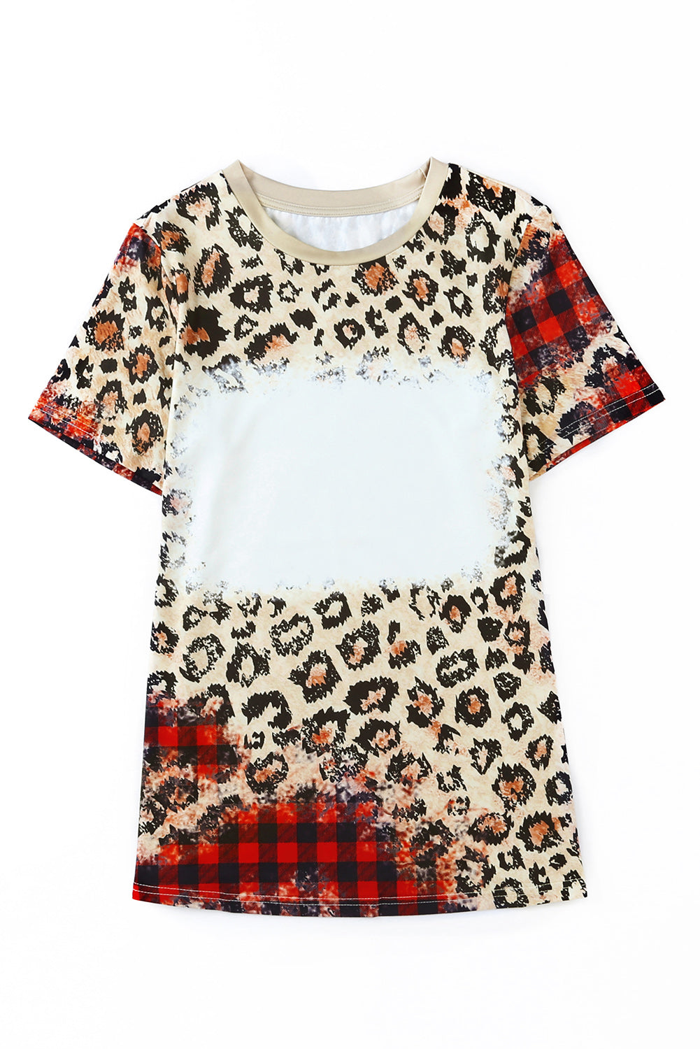 Plaid Bleached Leopard Print Short Sleeve T Shirt