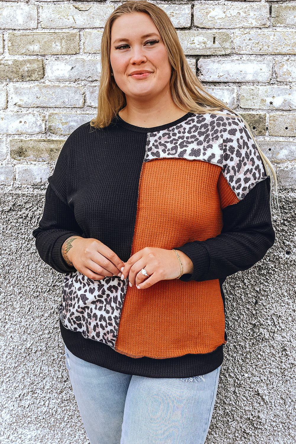 Black Orange Orange Coloterblock Leopard Patchwork Waffle Knit Plus Size Top