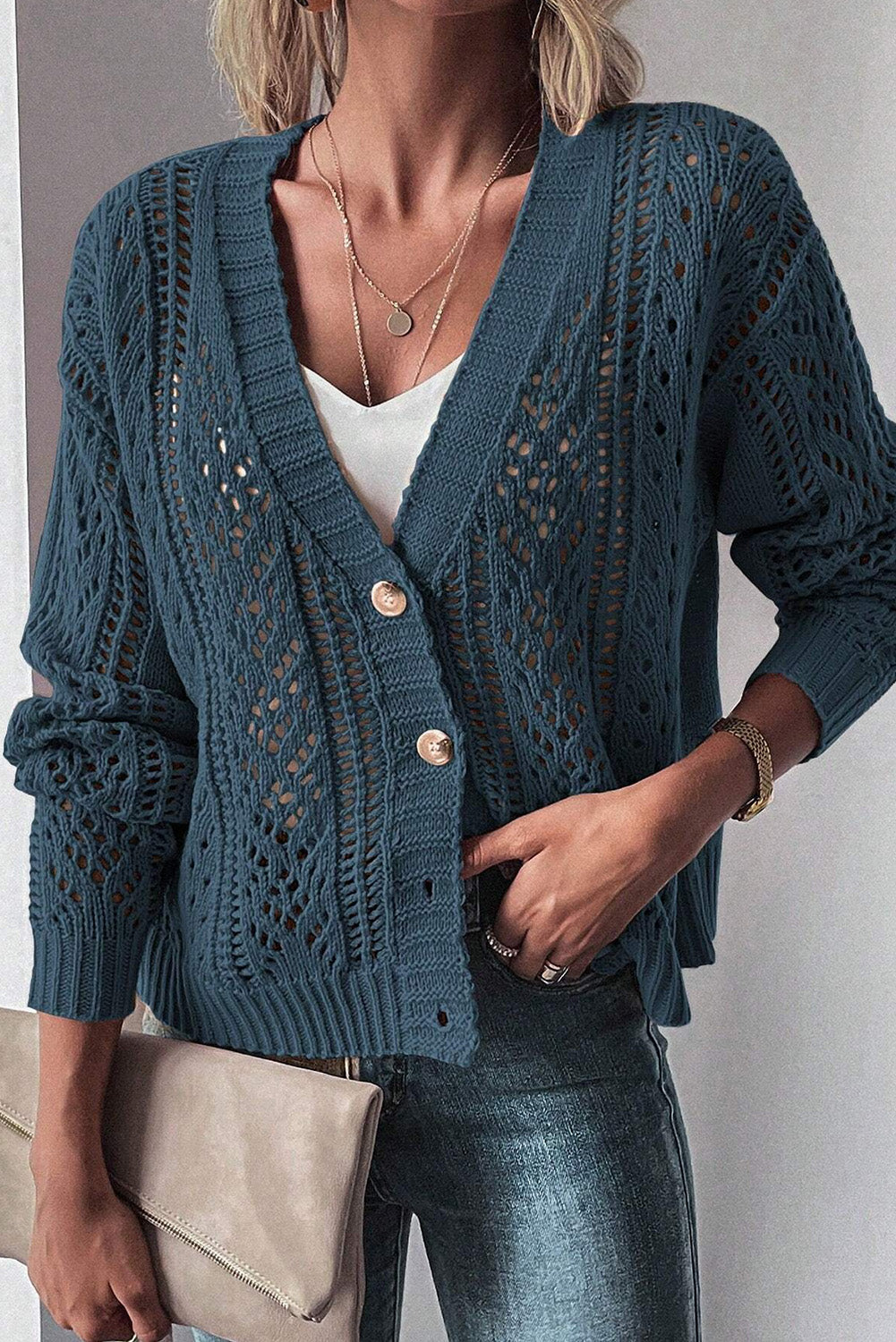 Cardigan pull à épaules tombantes en tricot ouvert bleu sarcelle véritable