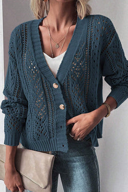 Cardigan pull à épaules tombantes en tricot ouvert bleu sarcelle véritable *