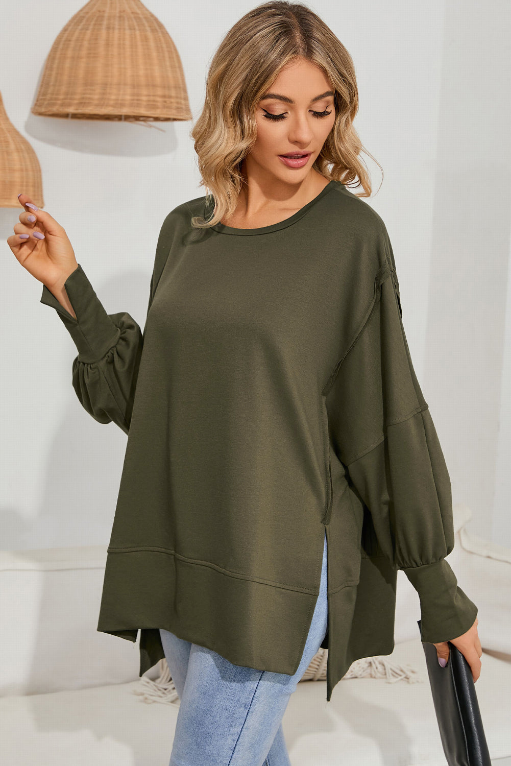 Green Patchwork Drop Shoulder Oversized Top