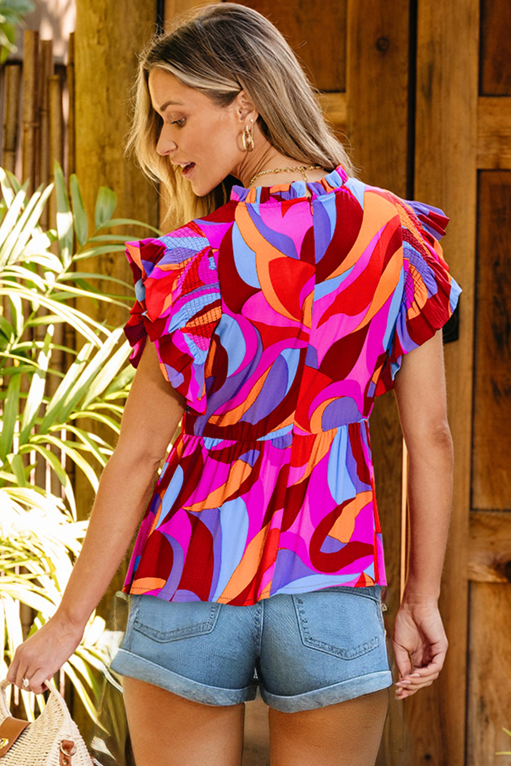 Orange Abstract Print Flutter Sleeve Peplum Blouse