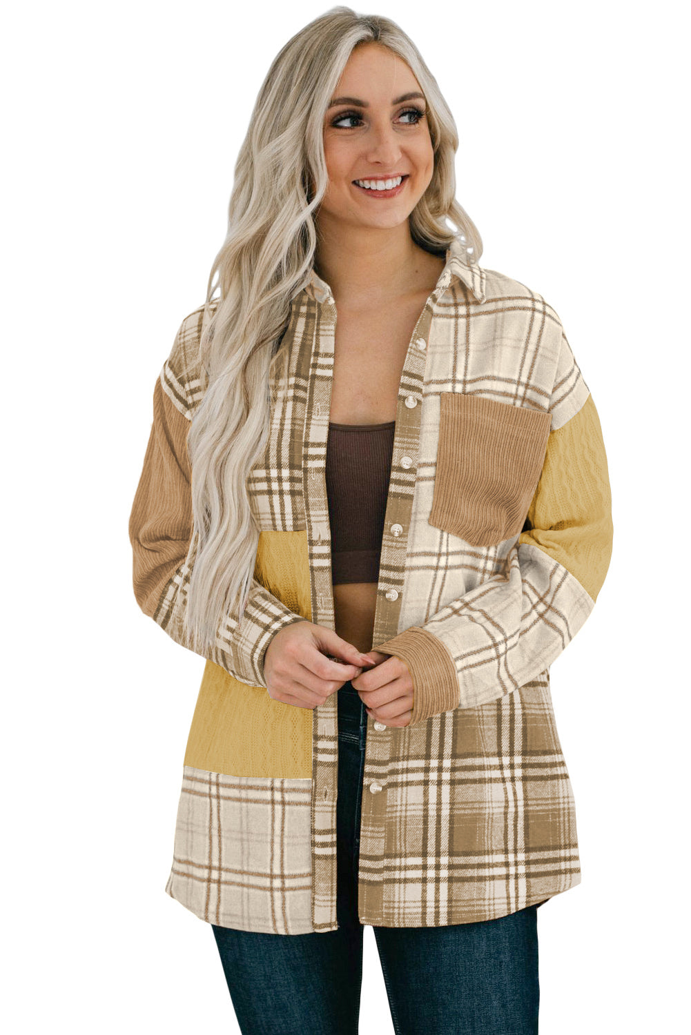 Veste de chemise patchwork khaki plaid en couleur de couleur avec poche