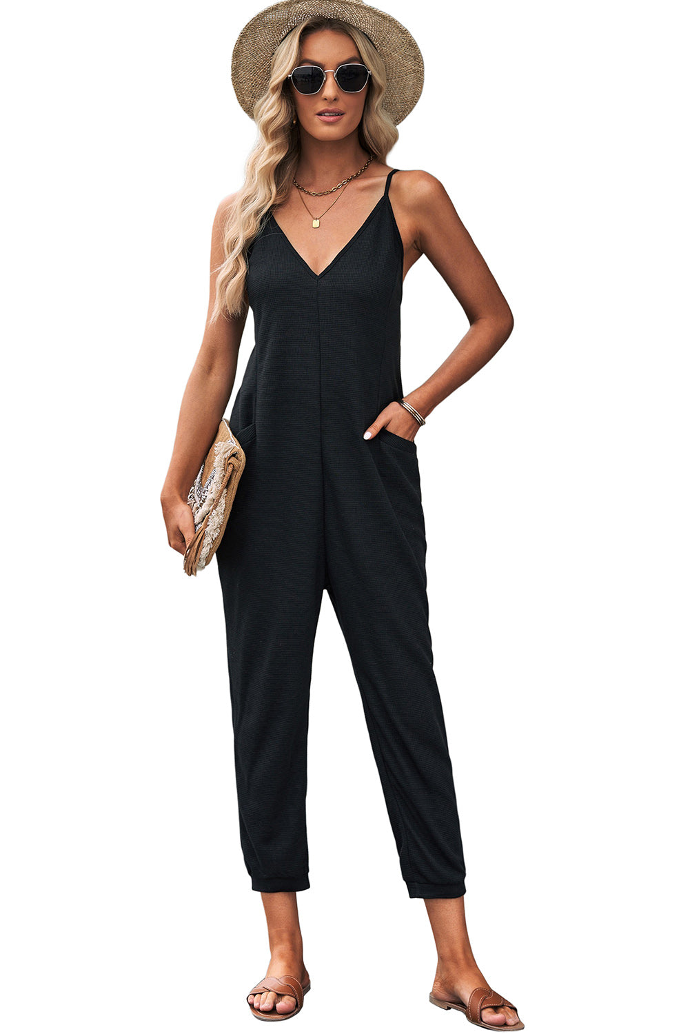 Jumpsuit informal de bolsillo de bolsillo con cuello en V con cuello en V negro con cuello