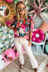 Blouse à col en V cranté à  rose-A WOMAN WE LOVE