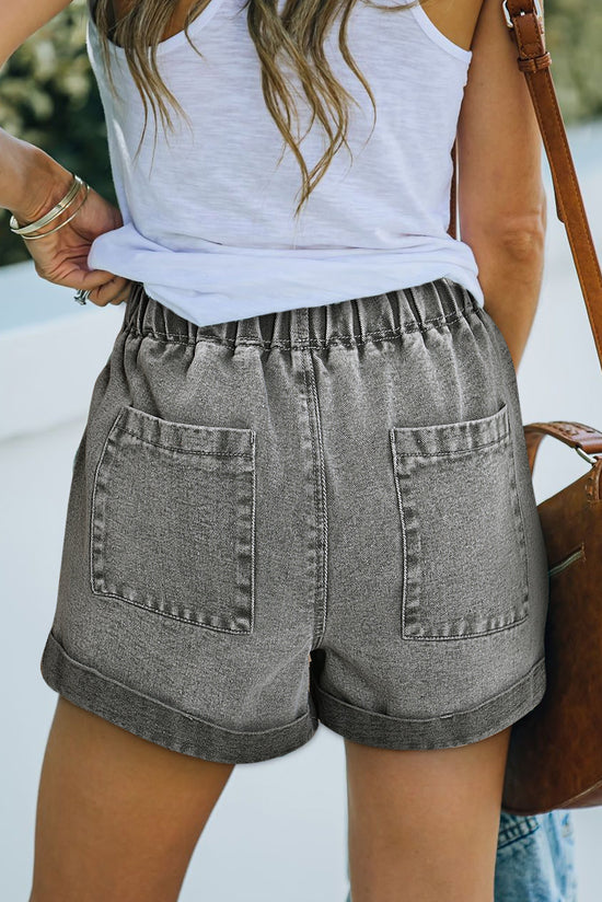 Grey high waisted denim shorts with pockets and drawstring