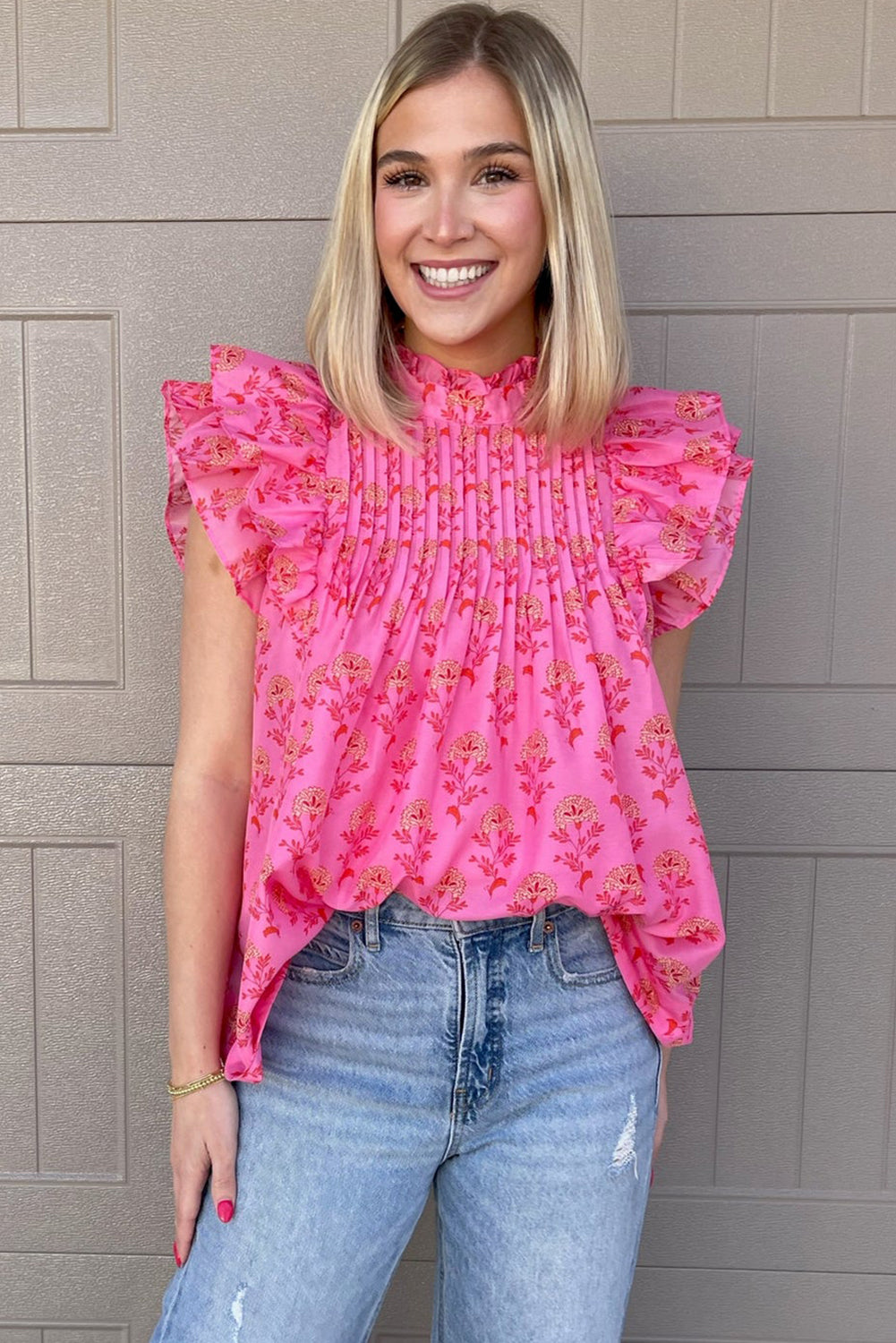 Rose Red Floral Imprimé plissé Blouse à manches de flottement à volants