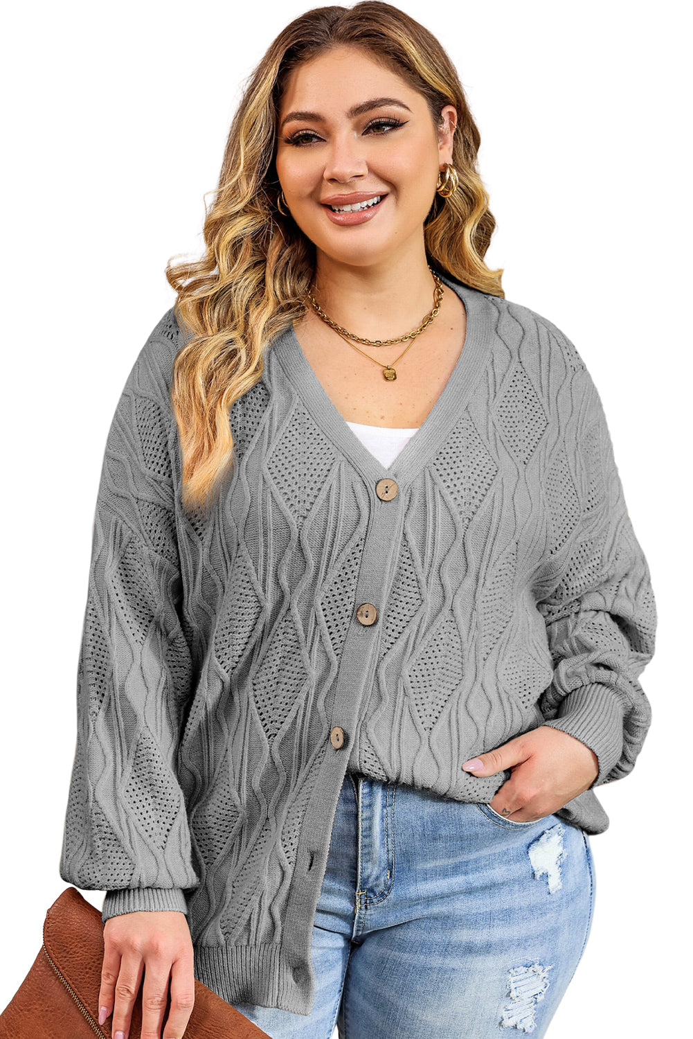 Gris plus taille tricotée en tricot de cardigan up up