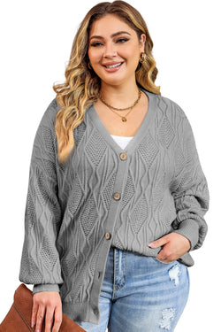 Cardigan boutonné ajouré en tricot gris de grande taille