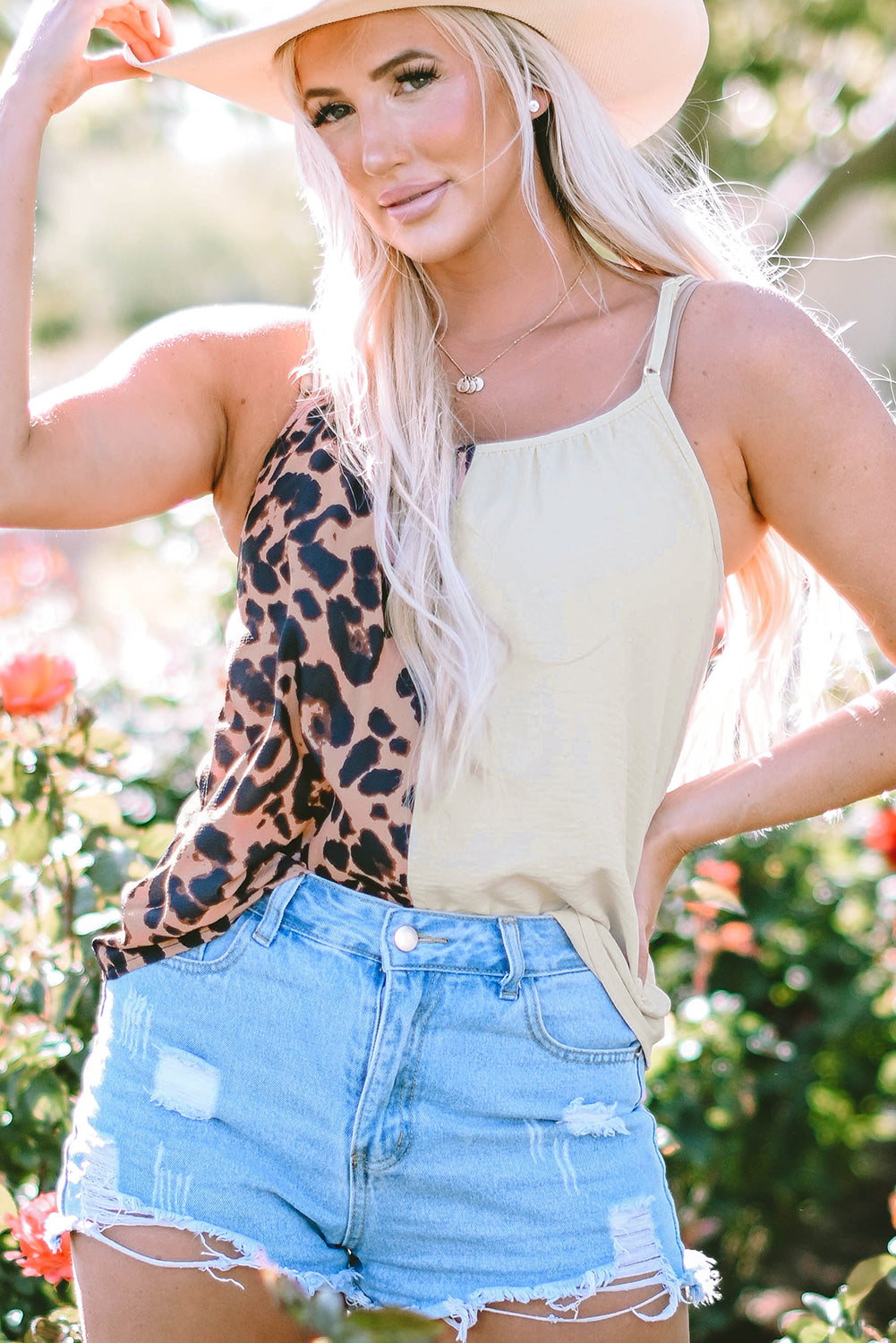 Khaki Leopard Contrast Patchwork Spaghetti Tank canotta