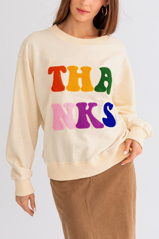 THANKS Apricot Chenille Embroidered Drop Shoulder Graphic Sweatshirt