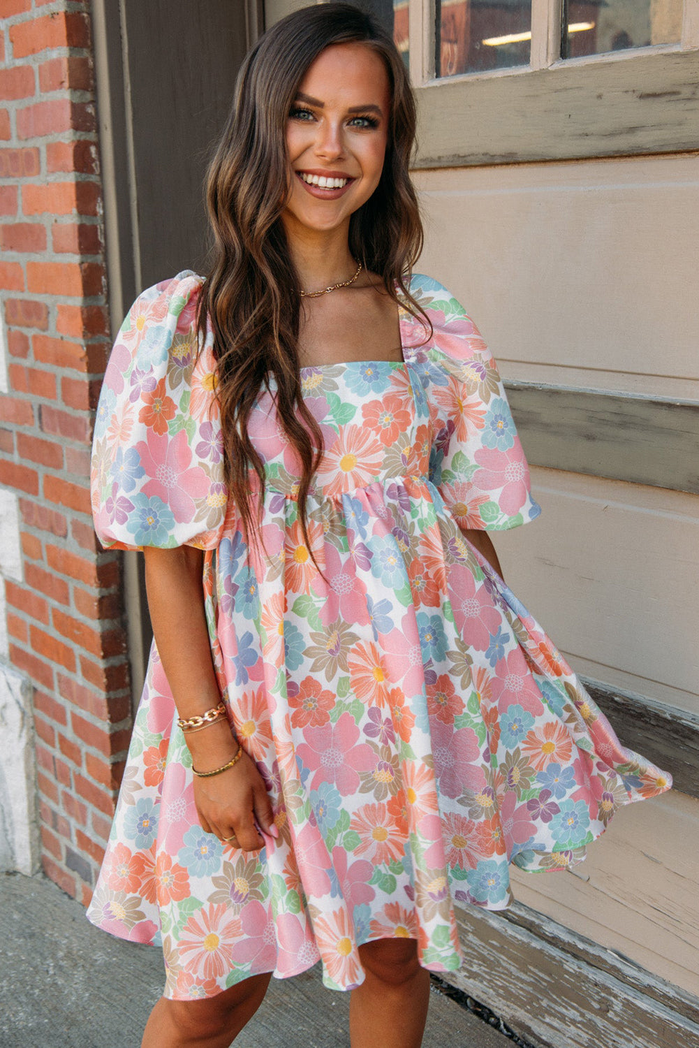 Pink floral summer babydoll dress, square neck, puff sleeves