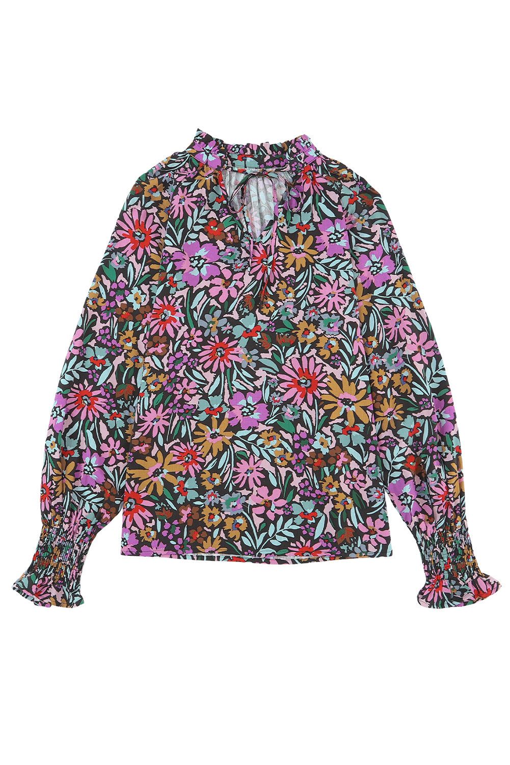 Multicolor-Blumenbluse mit Langhülle V-Ausschnitt