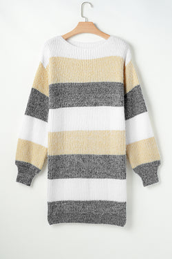 Color block striped sweater dress, bubble sleeves, drooping shoulders