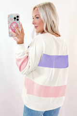 Sudadera beige con cuello redondo y hombros que caen en bloque de color de retazos
