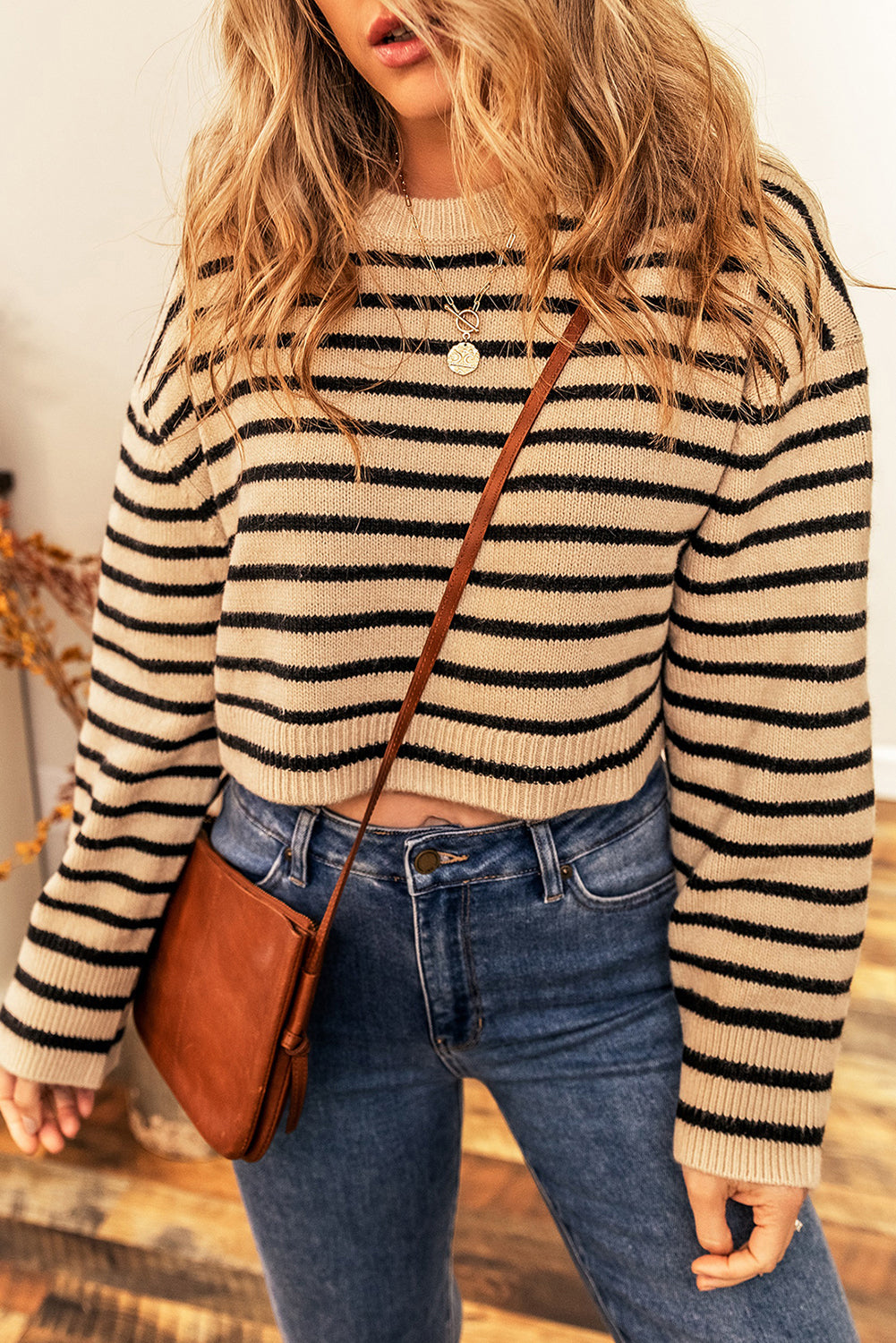 Light French Beige Striped Knit Crew Neck Drop Shoulder Cropped Sweater