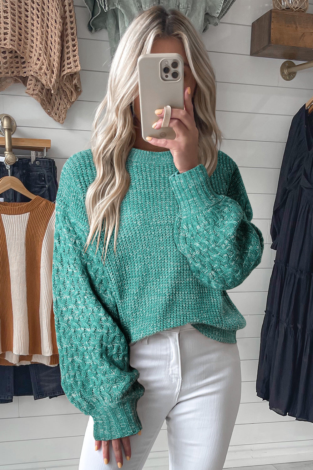 Sea Green Cable Knit Sleeve Drop Shoulder Sweater