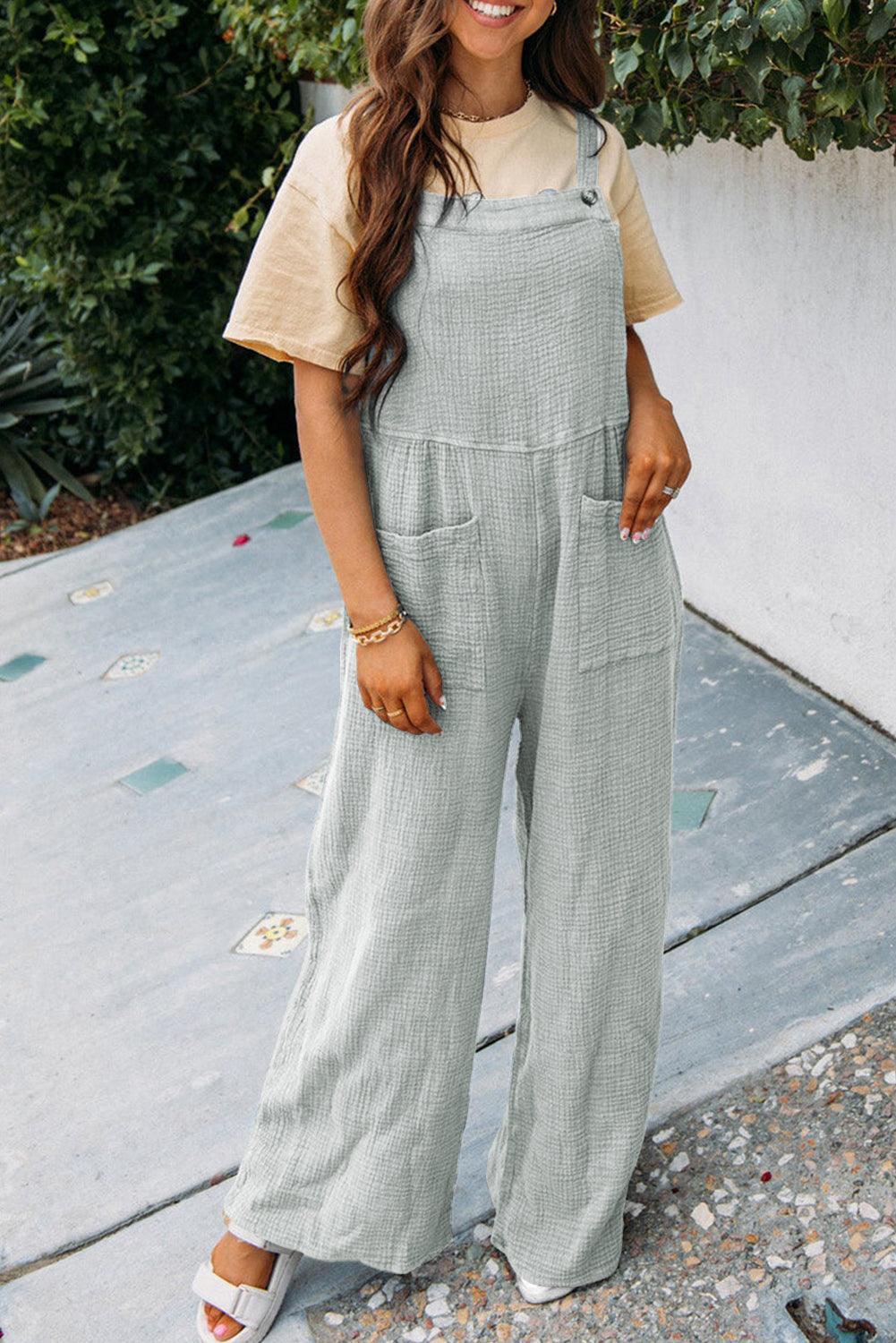 Grey textured wide leg overalls with pockets