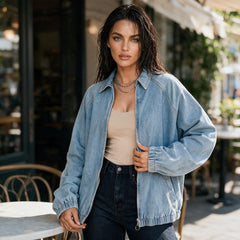 Veste en jean bleu myosotis zippée à finitions élastiquées