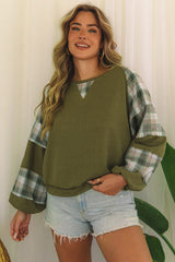Green Plaid Waffle Knit Bubble Sleeve Top with Exposed Seams