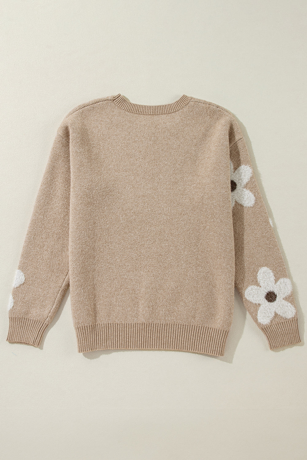 Parchment Flower Pattern Ribbed Crew Neck Sweater