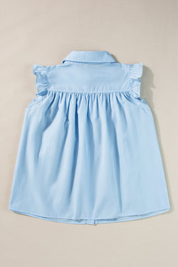 Sleeveless shirt with ruffle and ric rac blue sky border