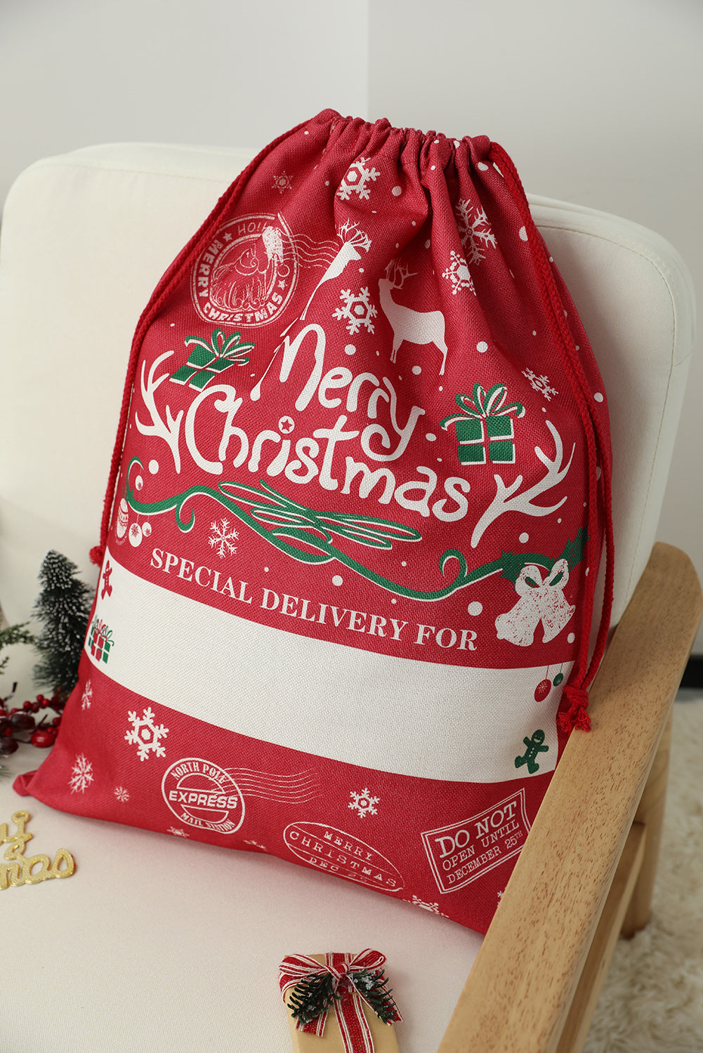 Grand sac cadeau de Noël blanc avec cordon de serrage 50 x 66 cm