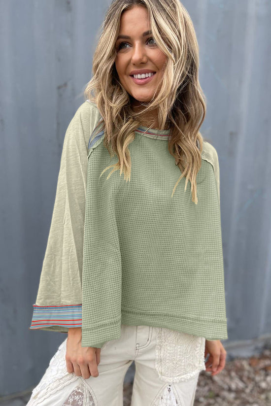 Meadow Mist Green Waffle Knit Wide Sleeve Patchwork Raglan Top