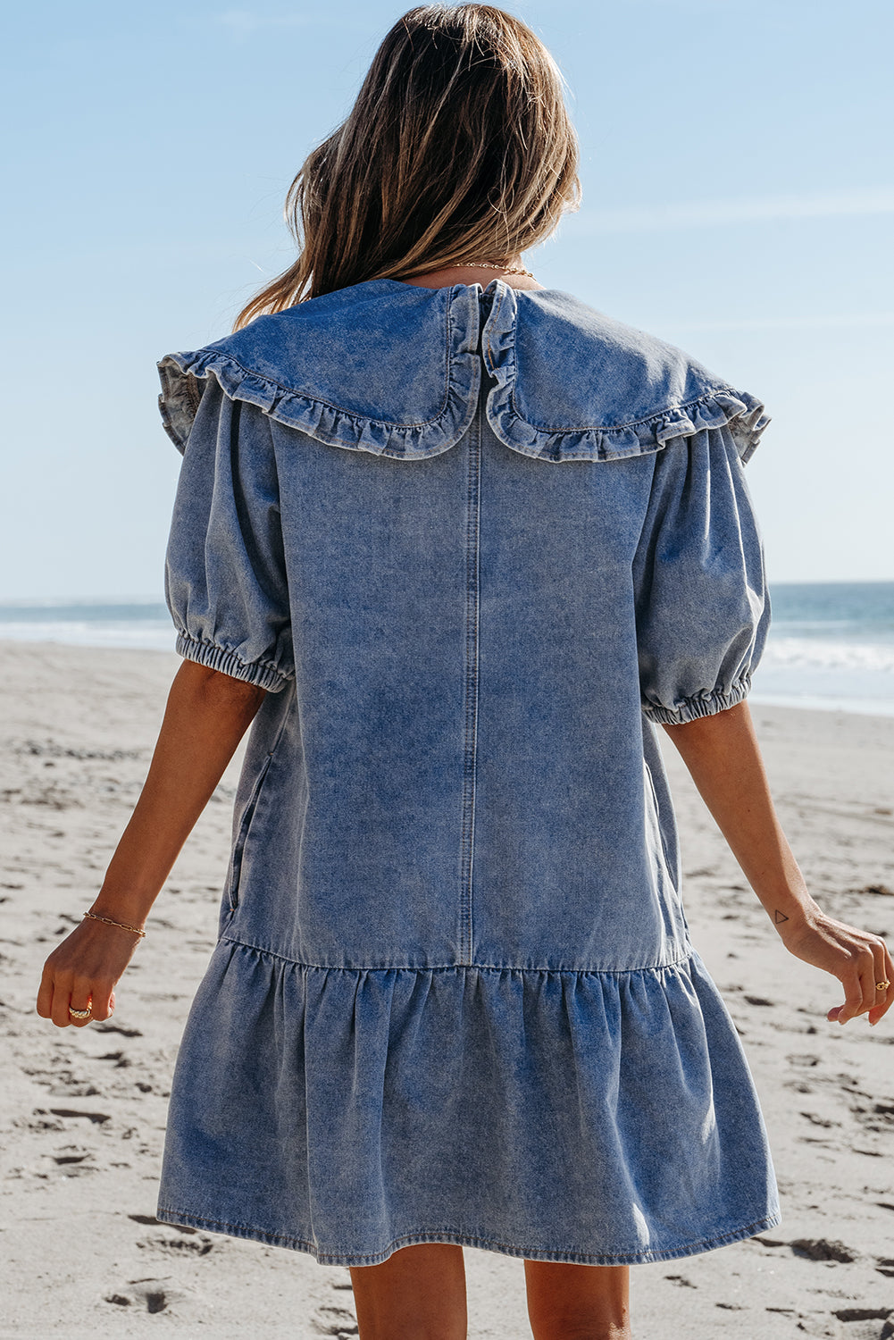 Mini-robe en jean bleu crépuscule avec poches latérales *