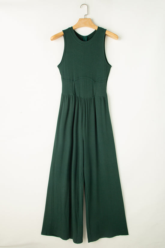 Blackish Green Sleeveless Wide Leg Cinched Waist Jumpsuit