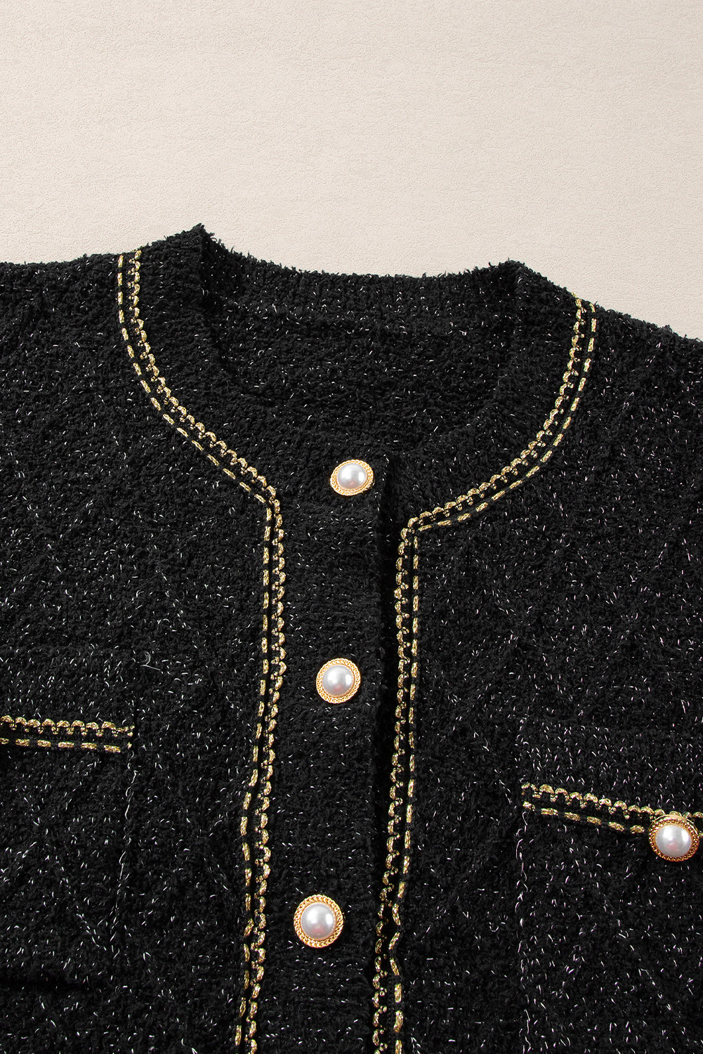 Black Sparkle Button Cardigan with Flap Pocket