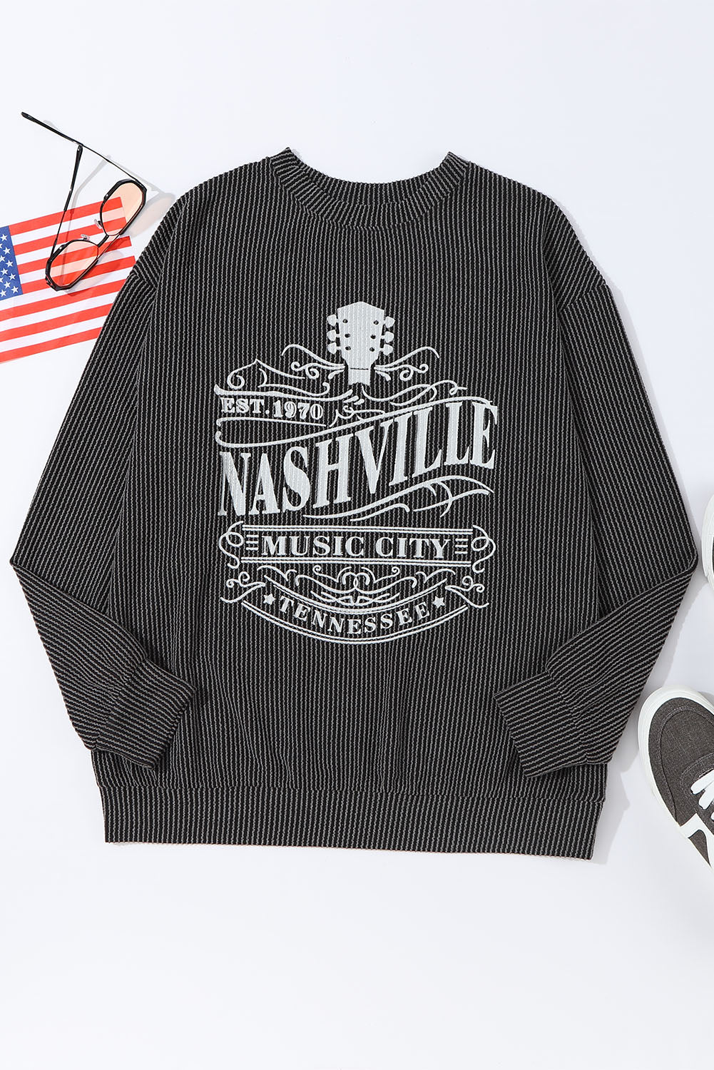 Black Nashville Music City Corded Graphic Sweatshirt