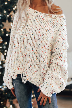 Pull en tricot vieilli à confettis colorés blancs