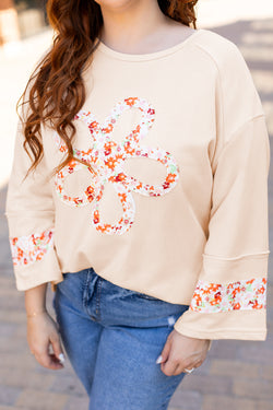 Plus Size Beige Floral Patch Side Slit Crew Neck Top