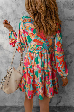 Multicolored geometric print ruffled slit neck mini dress