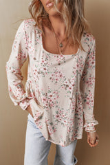 Chemisier rose plissé à imprimé floral et col en U, coupe ample-A WOMAN WE LOVE