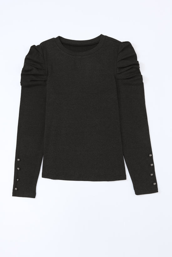 Black buttoned sheath top with long puff sleeves